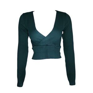 Forever 21 Crop Top Womens Size L Large Solid All Green Long Sleeve Ribbed NWT